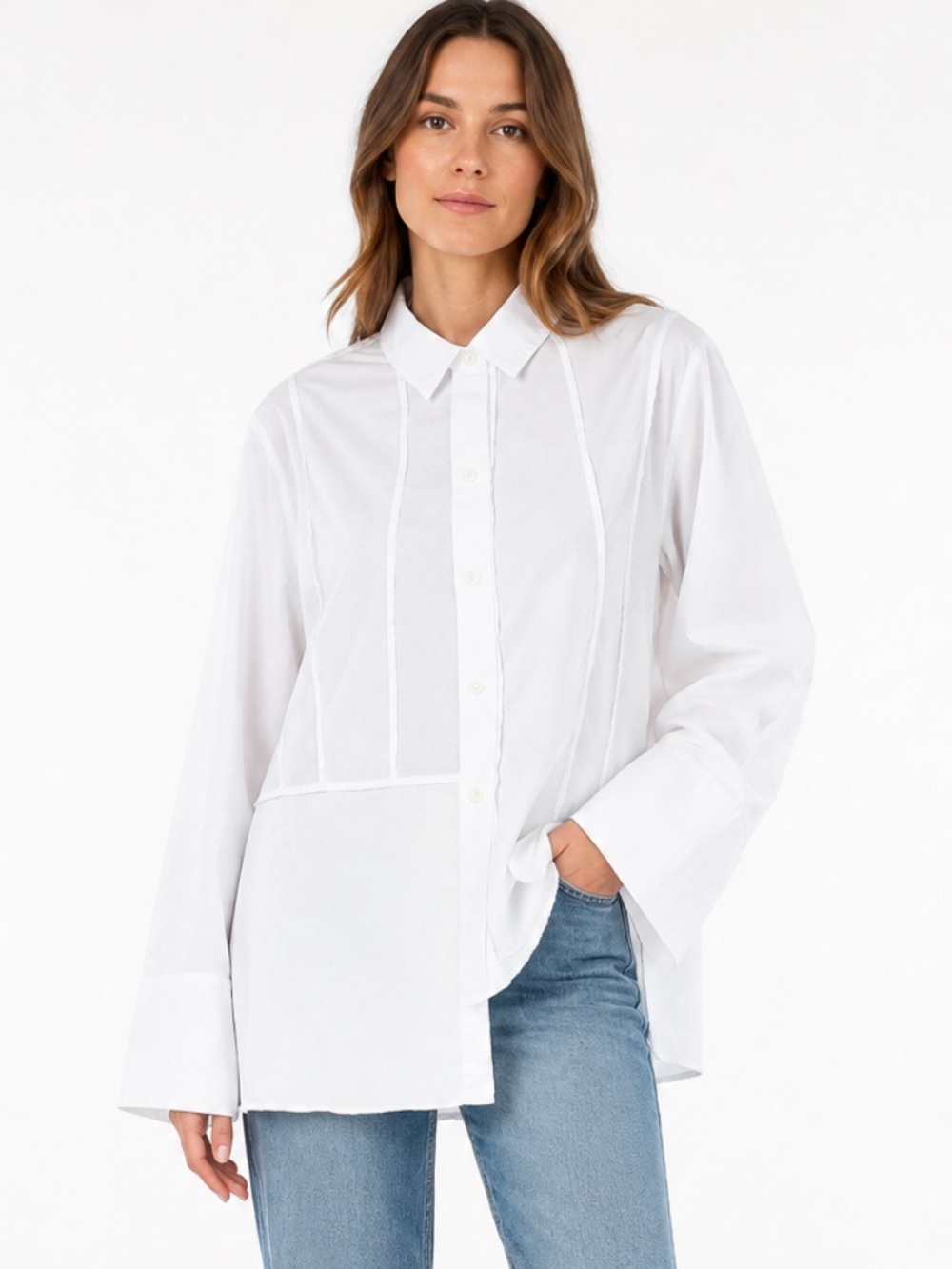 Rare/Self White Oversized Paneled Button Down Shirt Asymmetrical Raw Hem NWT
